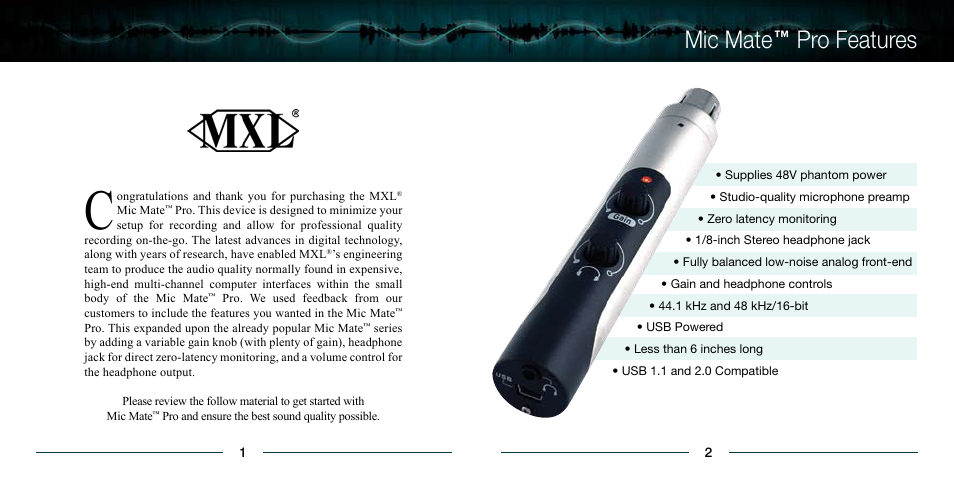Mic mate ™ pro features | MXL USB Mic Mate Pro User Manual | Page 2 / 7