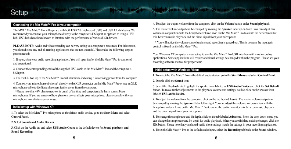 Setup | MXL USB Mic Mate Pro User Manual | Page 4 / 7