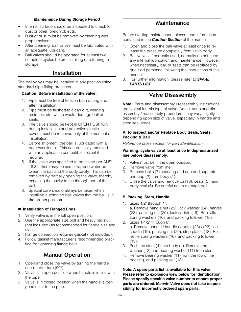 Installation, Manual operation, Maintenance | Valve disassembly | Marwin Valve 2000F150 Series Flanged Valves User Manual | Page 2 / 4