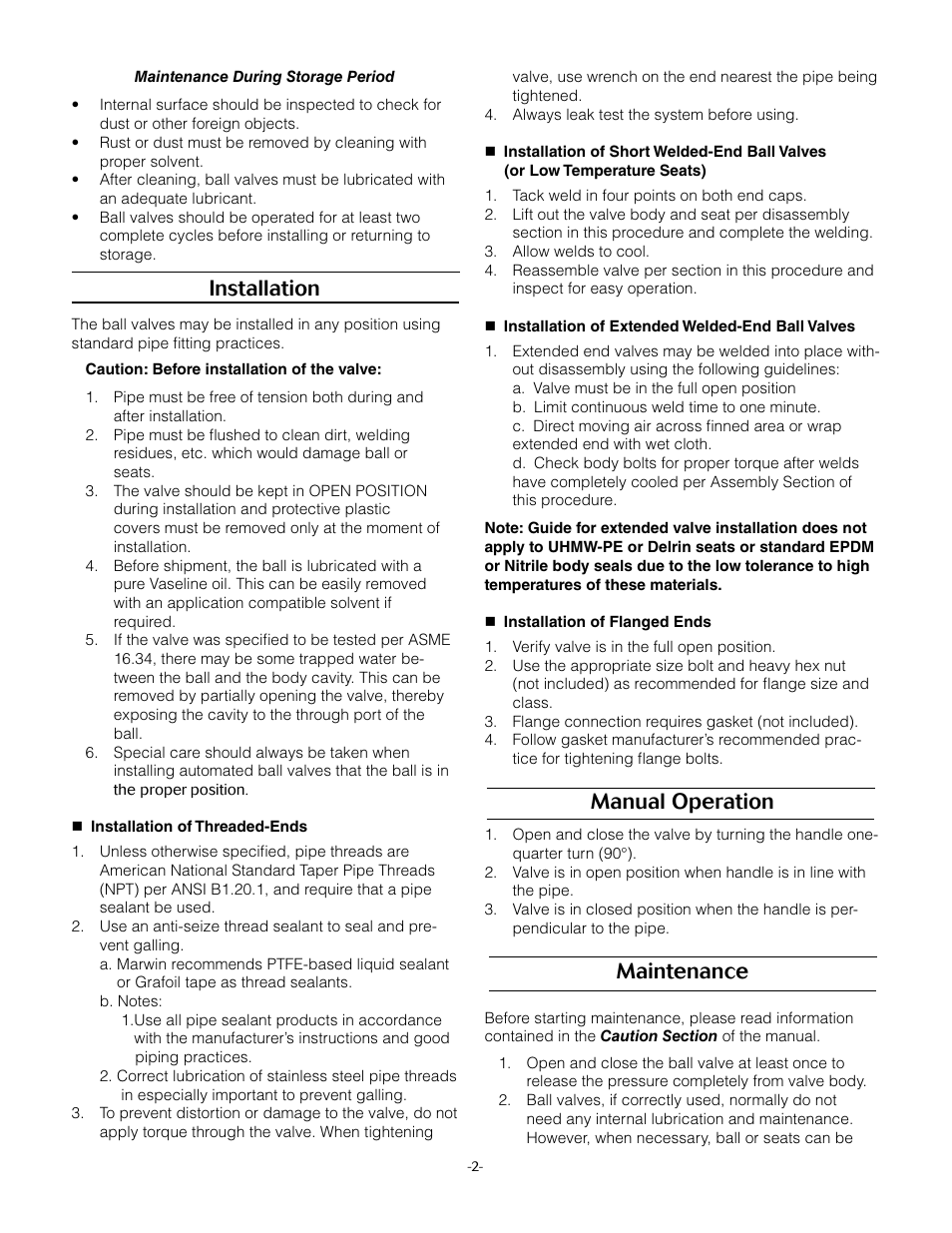 Installation, Manual operation, Maintenance | Marwin Valve 3000 Series Fire Safe Ball Valve User Manual | Page 2 / 4