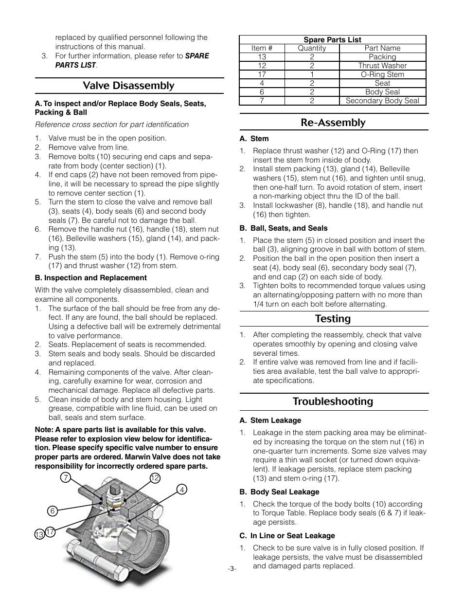 Valve disassembly, Re-assembly, Testing | Troubleshooting | Marwin Valve 3000 Series Fire Safe Ball Valve User Manual | Page 3 / 4