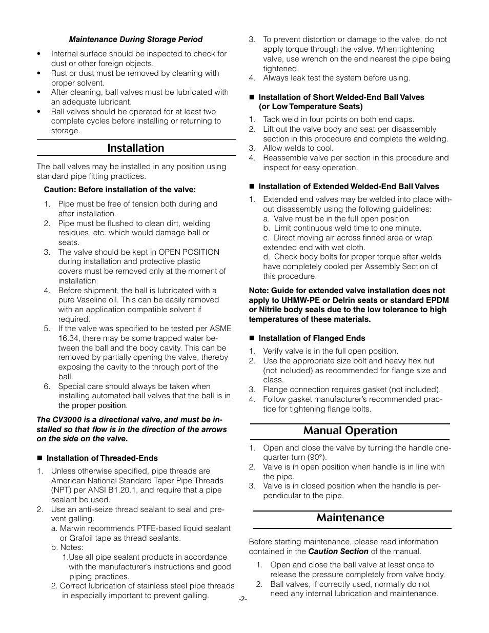 Installation, Manual operation, Maintenance | Marwin Valve CV3000 Series Characterized Insert Control Valve User Manual | Page 2 / 5