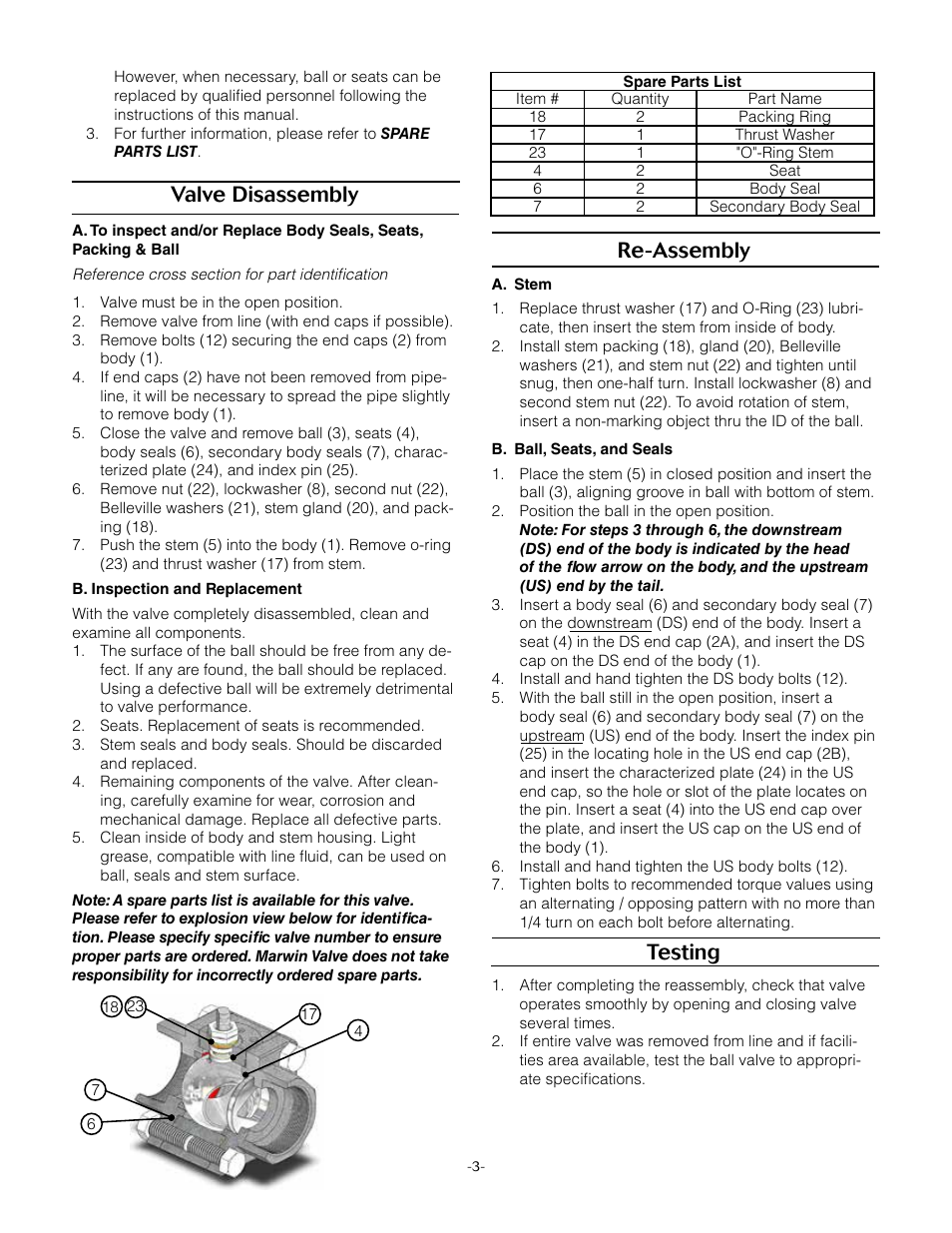 Valve disassembly, Re-assembly, Testing | Marwin Valve CV3000 Series Characterized Insert Control Valve User Manual | Page 3 / 5