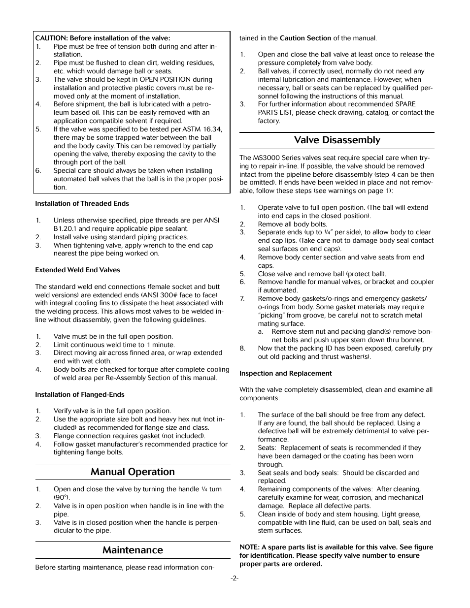 Manual operation, Maintenance, Valve disassembly | Marwin Valve MS3000 Series High Performance Valve User Manual | Page 2 / 4