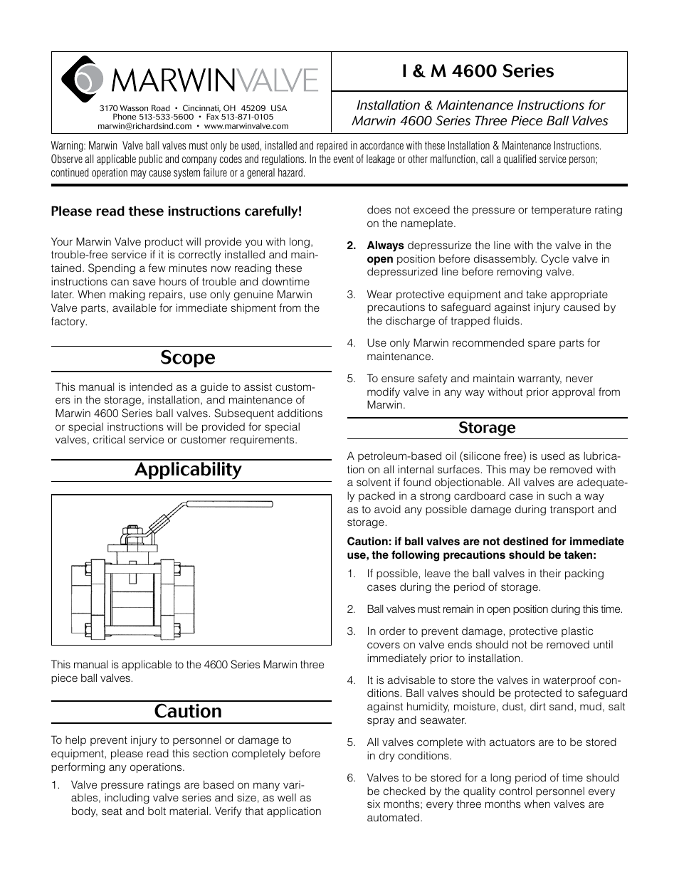 Marwin Valve 4600F Series Brass Аква техника, 3 Piece Swing Out User Manual | 4 pages