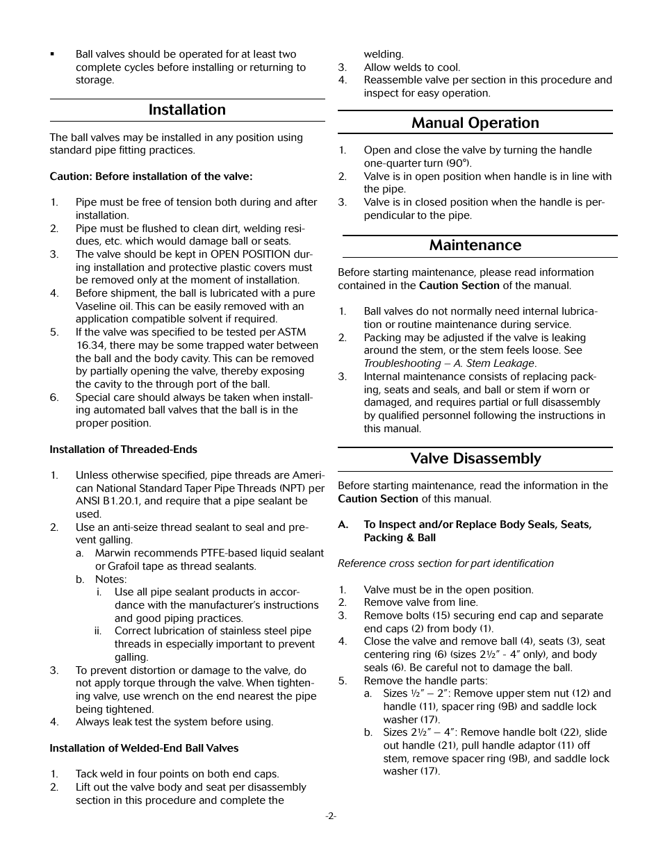 Installation, Manual operation, Maintenance | Valve disassembly | Marwin Valve 4700F Series Three Piece Ball Valve User Manual | Page 2 / 5