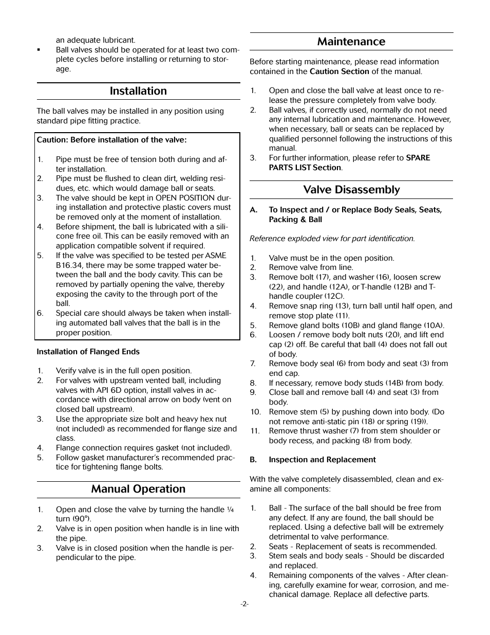 Installation, Manual operation, Maintenance | Valve disassembly | Marwin Valve 5801F Series Fire Safe Flanged Valves User Manual | Page 2 / 4