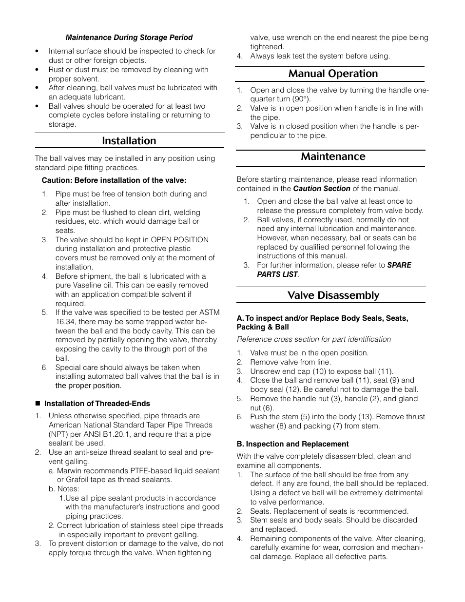 Installation, Manual operation, Maintenance | Valve disassembly | Marwin Valve 9000F Series Two Piece Аква техника User Manual | Page 2 / 4