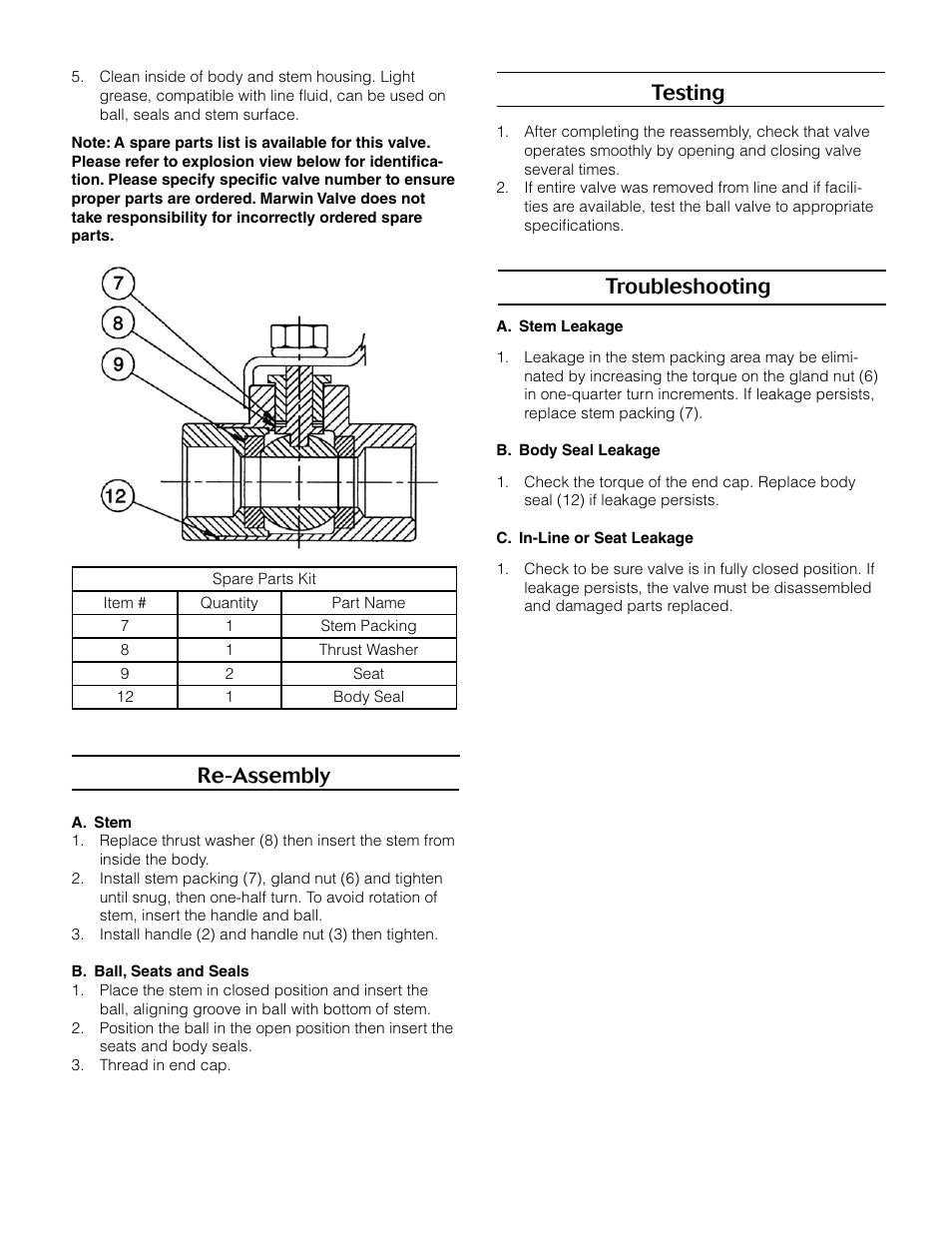 Re-assembly, Testing, Troubleshooting | Marwin Valve 9000F Series Two Piece Аква техника User Manual | Page 3 / 4