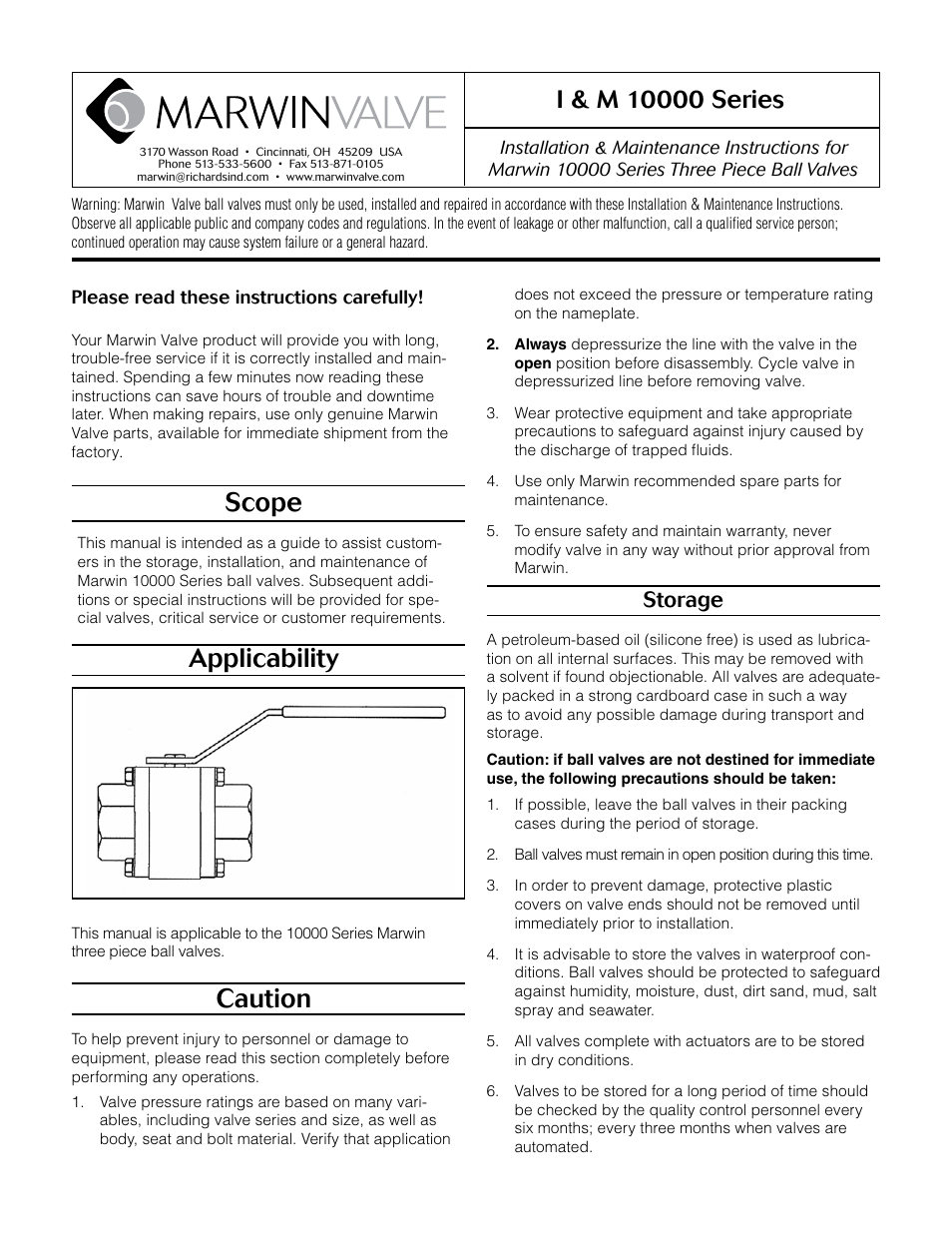 Marwin Valve 10000 Series Soft Seated Ball Valve User Manual | 4 pages