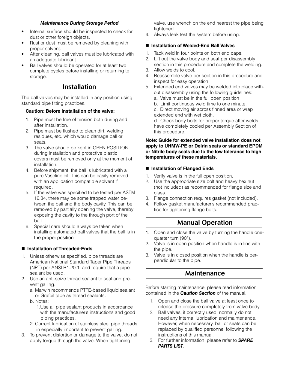 Installation, Manual operation, Maintenance | Marwin Valve 10000 Series Soft Seated Ball Valve User Manual | Page 2 / 4