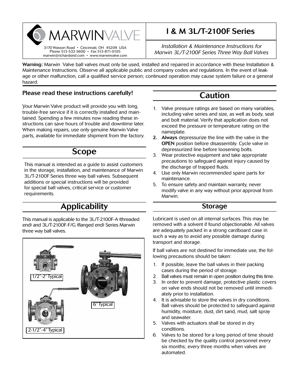 Marwin Valve 3L/T 2100F-A Series 3-Way Ball Valve User Manual | 6 pages