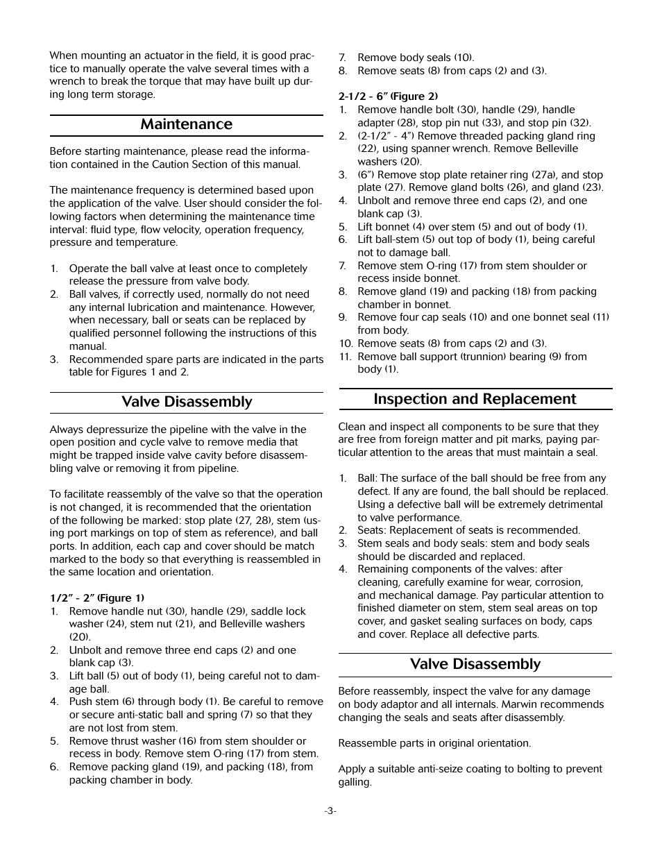 Maintenance, Valve disassembly, Inspection and replacement | Marwin Valve 3L/T 2100F-A Series 3-Way Ball Valve User Manual | Page 3 / 6