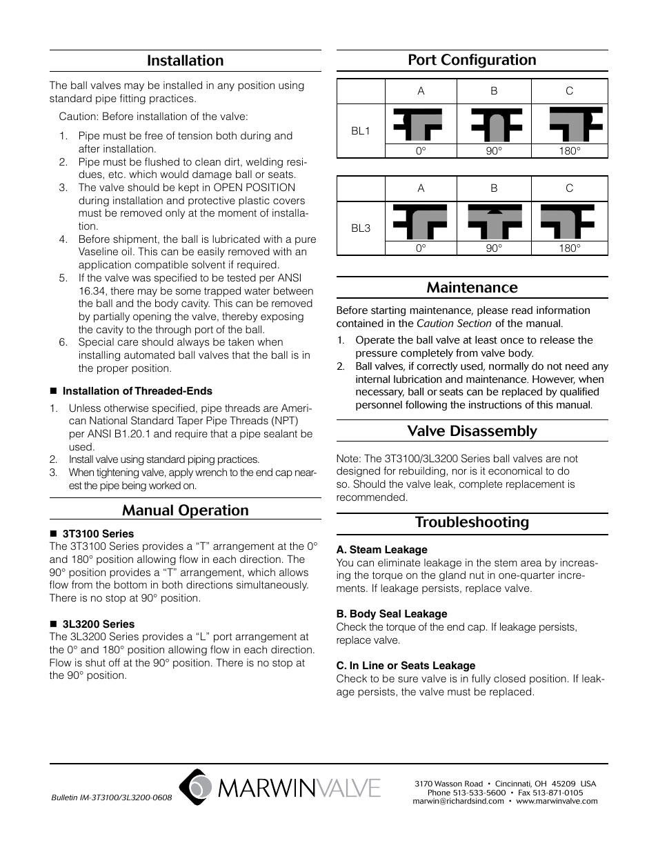 Maintenance, Valve disassembly, Troubleshooting | Installation, Manual operation, Port configuration | Marwin Valve 3T3100 Series 3-Way Brass Аква техника User Manual | Page 2 / 2