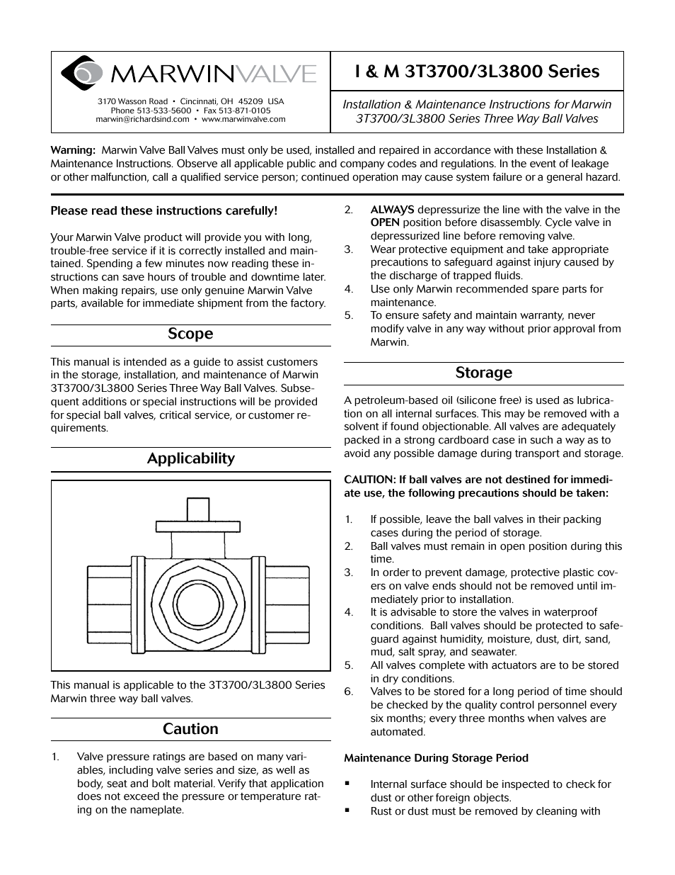 Marwin Valve 3T3700 Series 3-Way Ball Valve User Manual | 3 pages