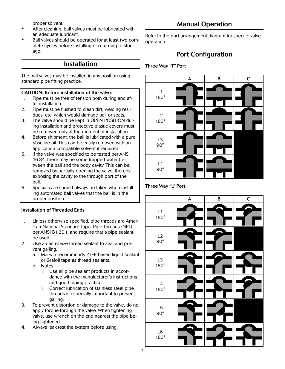 Installation, Manual operation, Port configuration | Marwin Valve 3T3700 Series 3-Way Ball Valve User Manual | Page 2 / 3