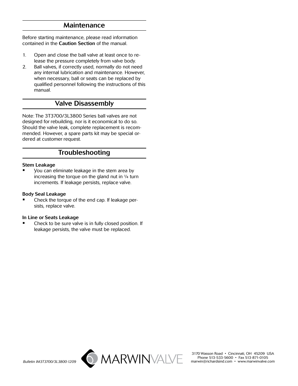 Maintenance, Valve disassembly, Troubleshooting | Marwin Valve 3T3700 Series 3-Way Ball Valve User Manual | Page 3 / 3