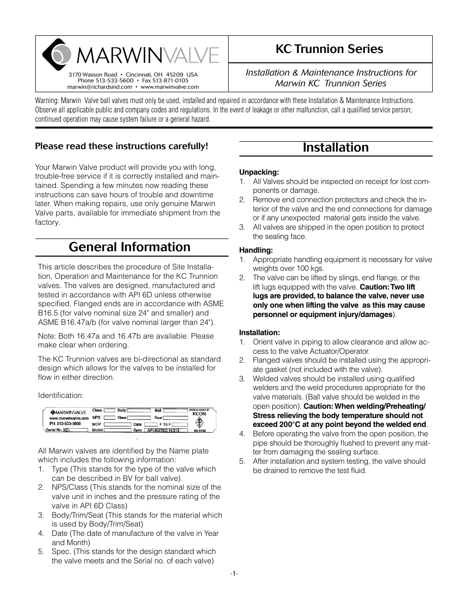 Marwin Valve KC Series Trunnion Valves User Manual | 5 pages
