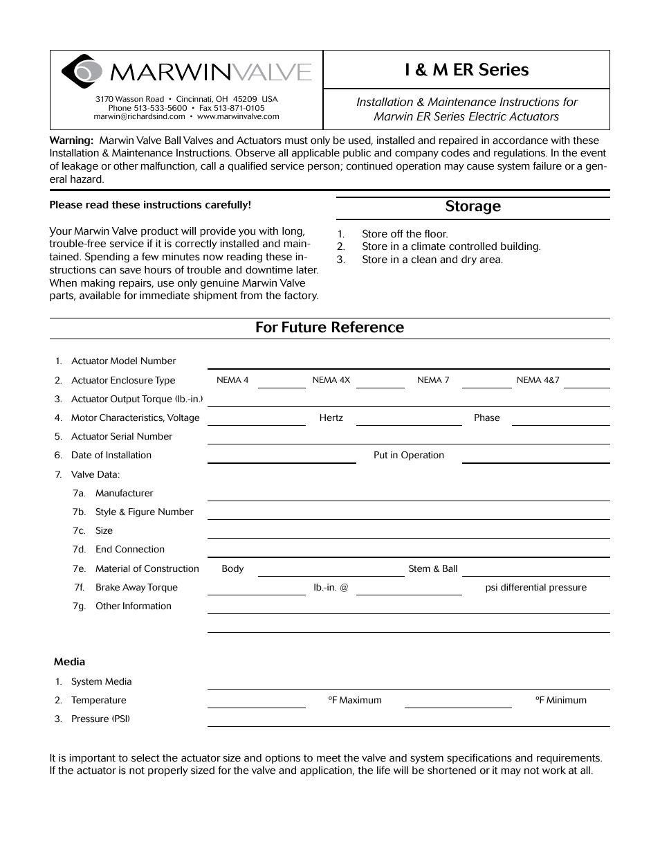 Marwin Valve ER Series Electric Actuators User Manual | 6 pages