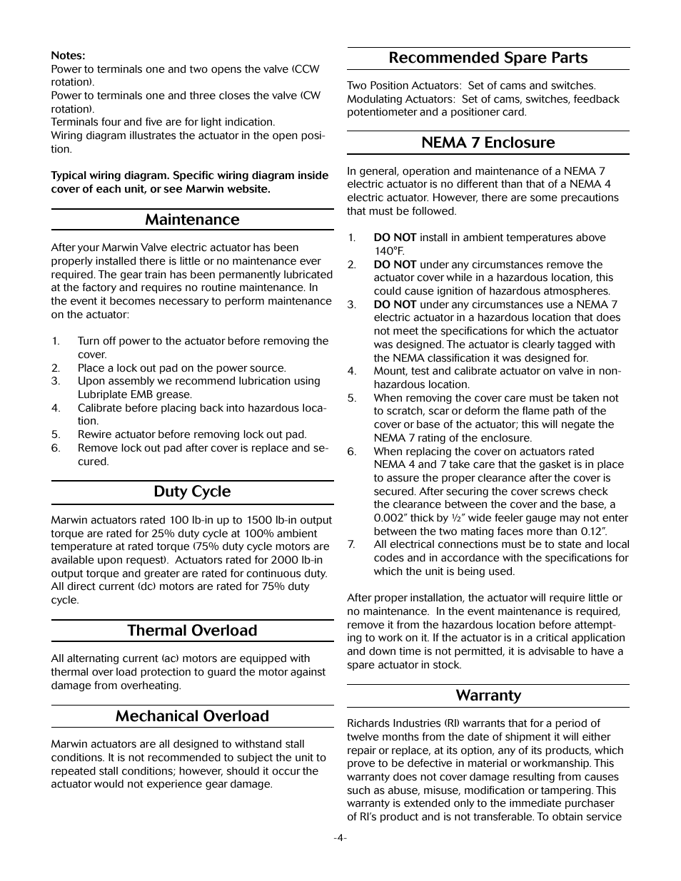 Maintenance, Duty cycle, Thermal overload | Mechanical overload, Recommended spare parts, Nema 7 enclosure, Warranty | Marwin Valve ER Series Electric Actuators User Manual | Page 4 / 6