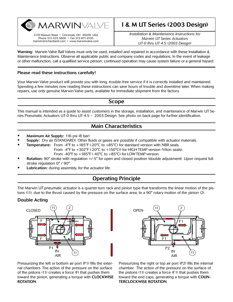 Marwin Valve UT Series Pneumatic Actuators User Manual | 6 pages