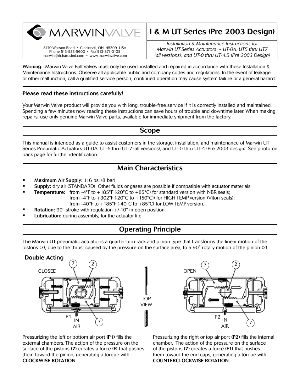 Marwin Valve UT Series Pneumatic Actuators User Manual | 6 pages