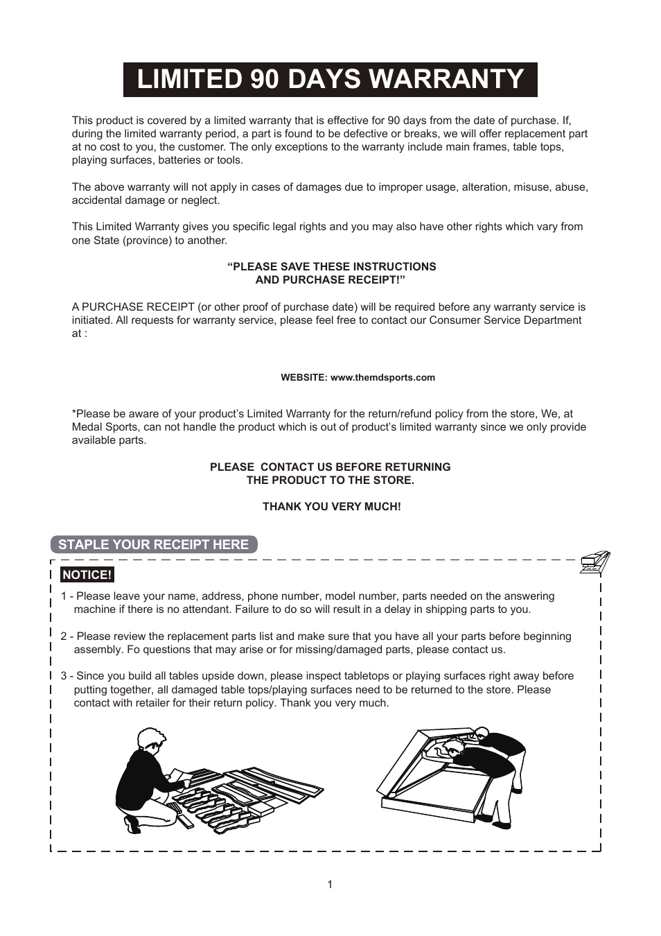 Limited 90 days warranty | Medal Sports FH1412407 User Manual | Page 2 / 7