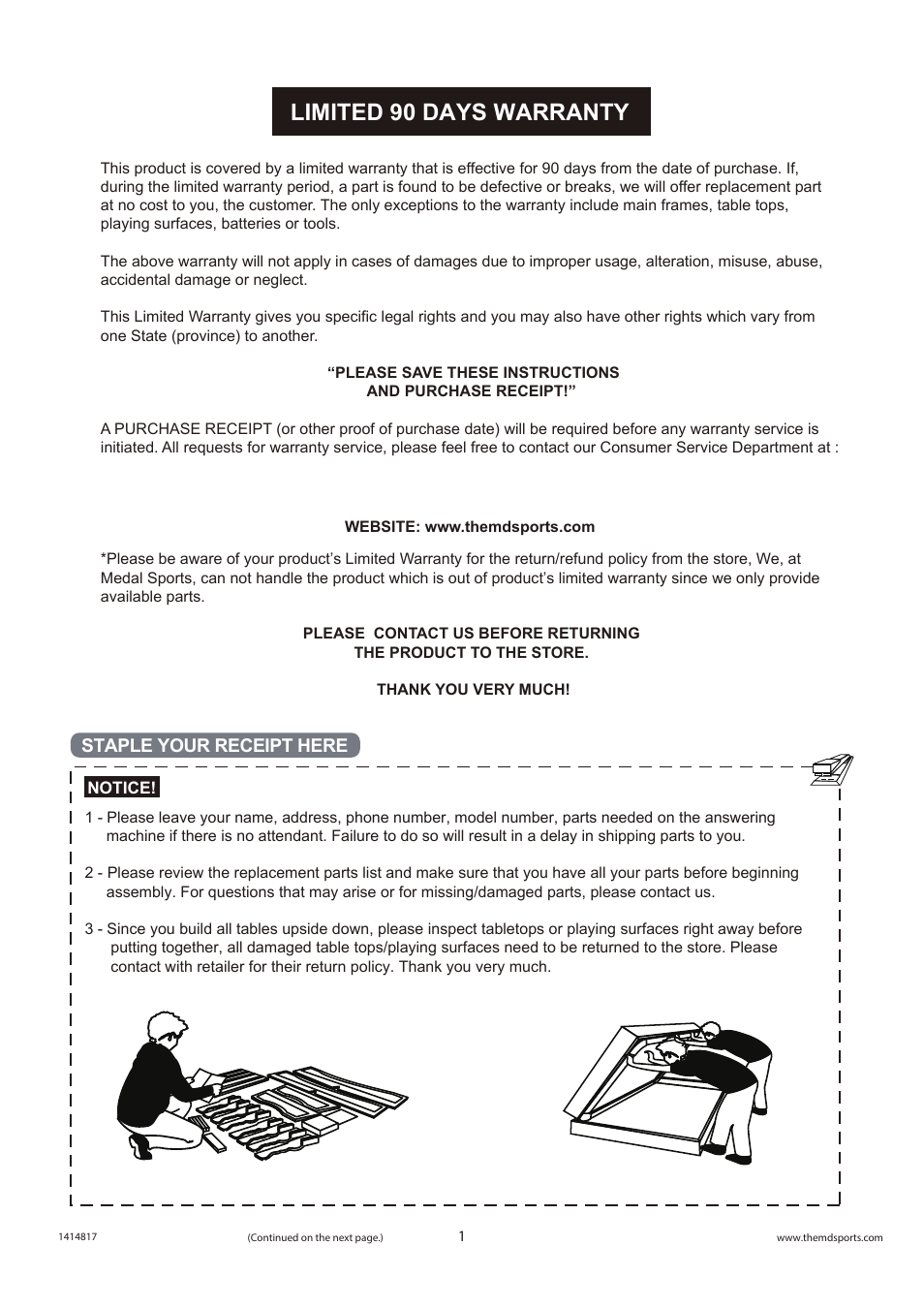 Limited 90 days warranty | Medal Sports FH1414817 User Manual | Page 2 / 9