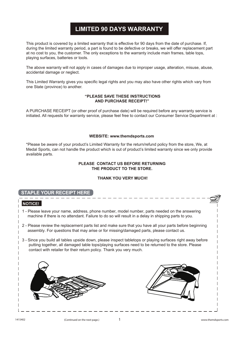 Limited 90 days warranty | Medal Sports FH1415402 User Manual | Page 2 / 10