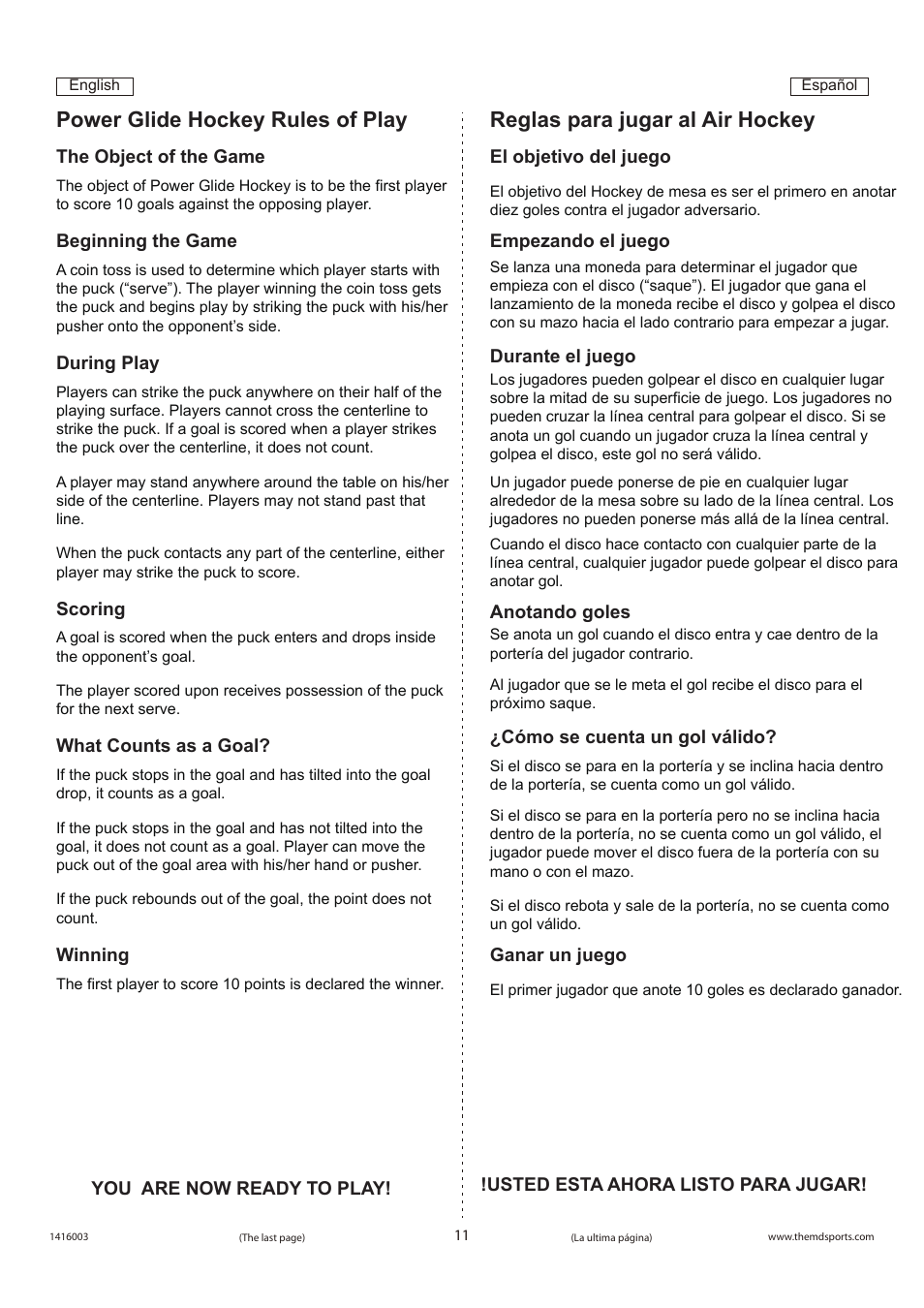 Power glide hockey rules of play, Reglas para jugar al air hockey | Medal Sports WM.com1416003 User Manual | Page 12 / 12