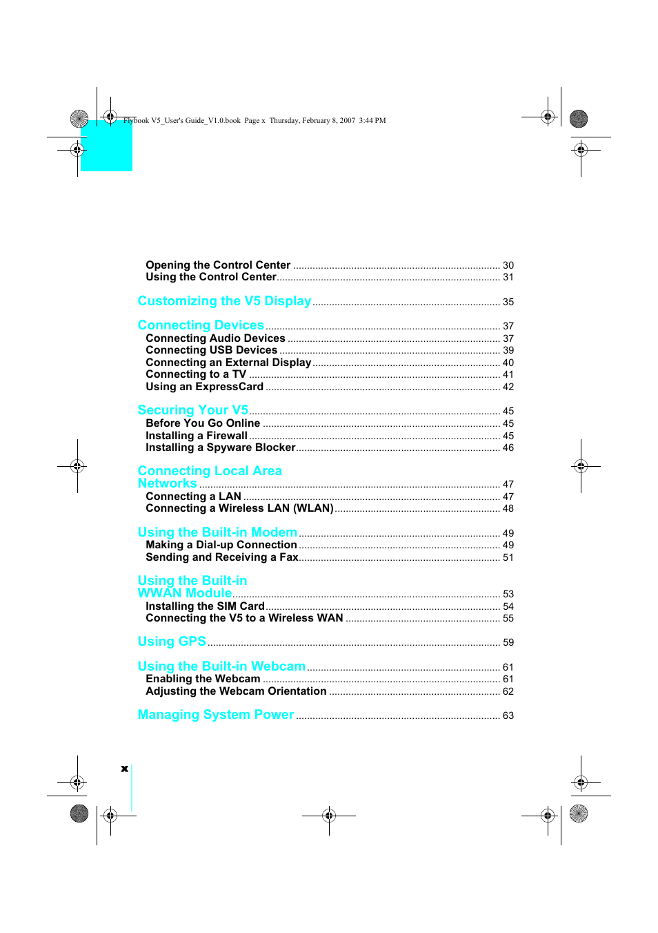 Customizing the v5 display, Connecting devices, Securing your v5 | Connecting local area networks, Using the built-in modem, Using the built-in wwan module, Using gps, Using the built-in webcam, Managing system power | Dialogue Tech V5W1BBHA User Manual | Page 12 / 96