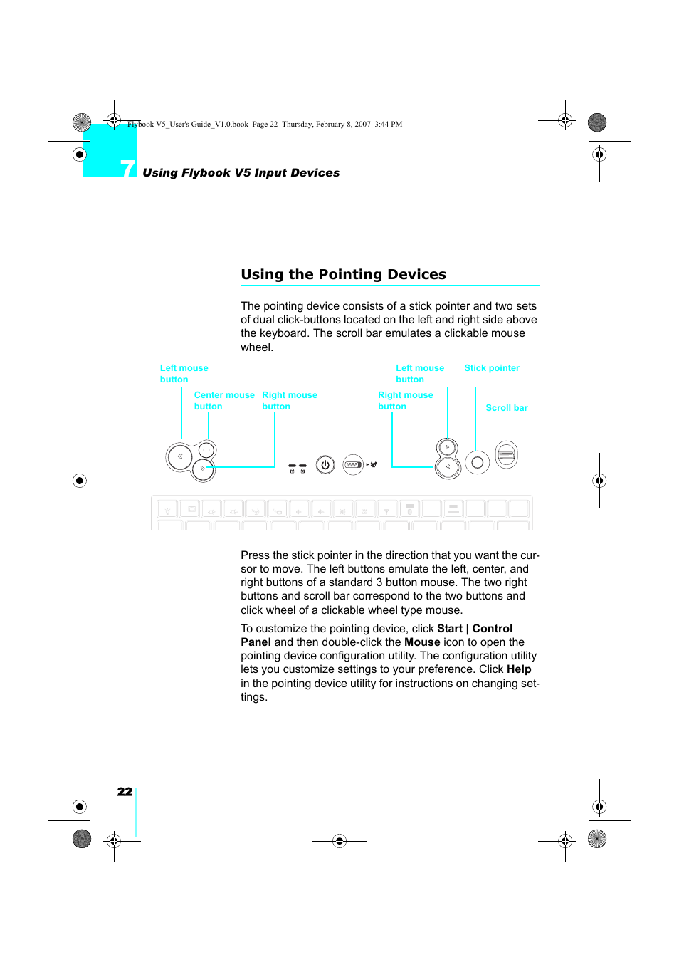 Using the pointing devices, 22 using flybook v5 input devices | Dialogue Tech V5W1BBHA User Manual | Page 36 / 96