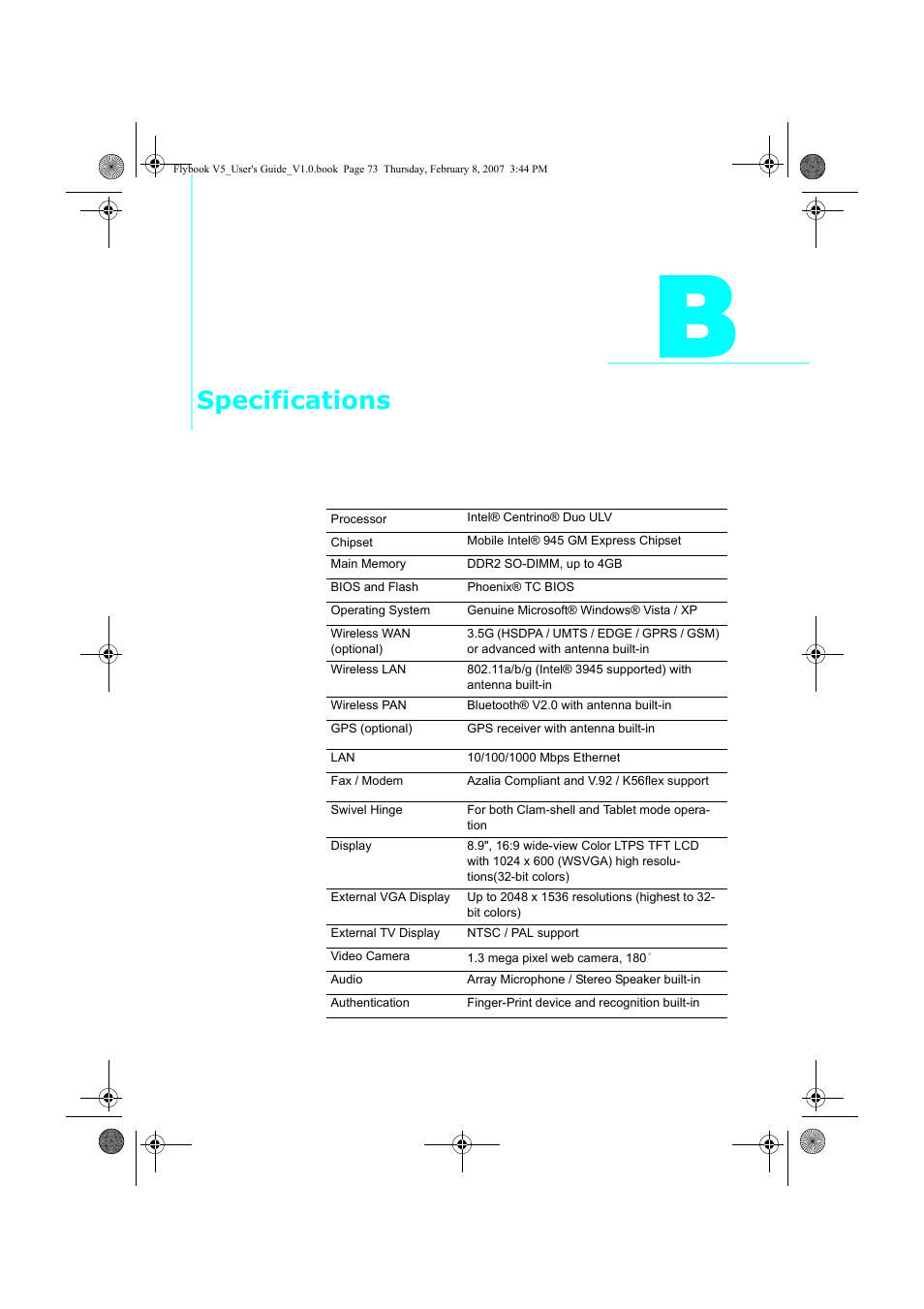 Specifications | Dialogue Tech V5W1BBHA User Manual | Page 87 / 96