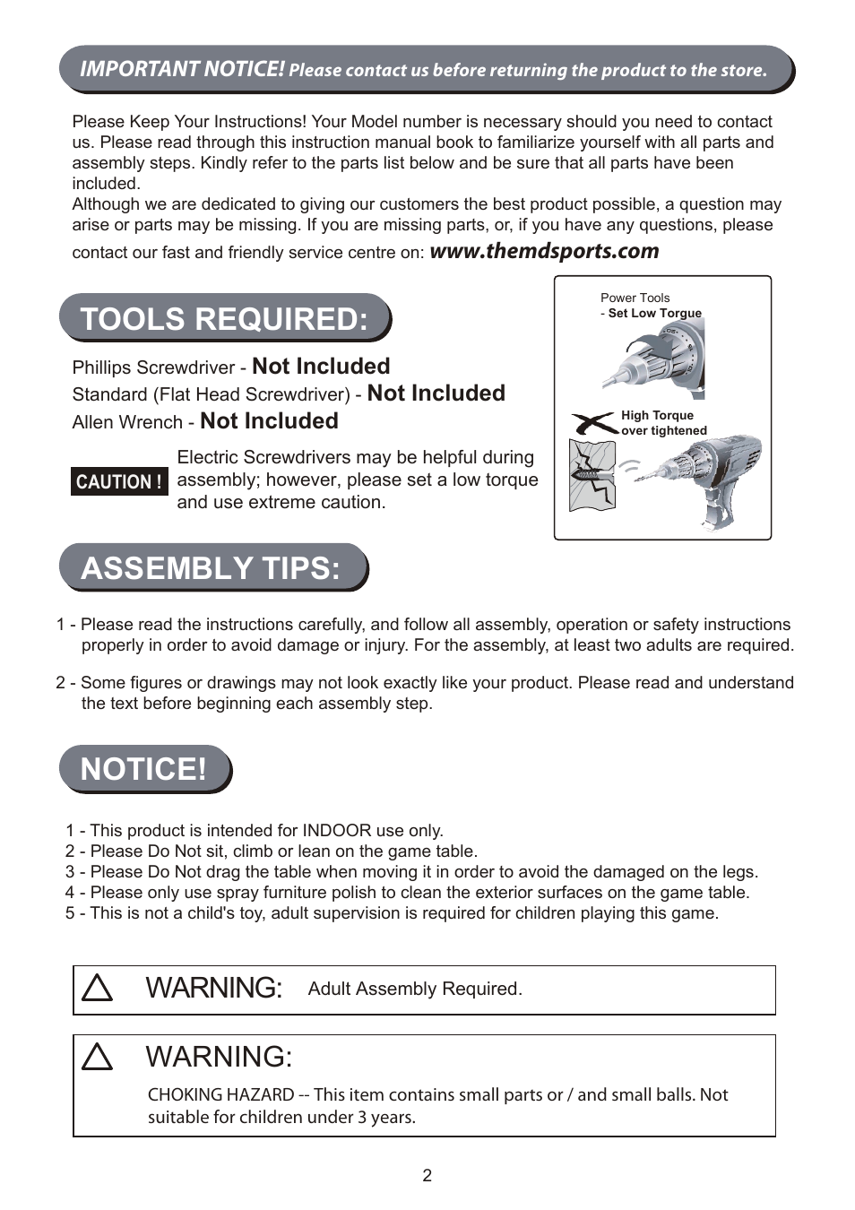 Tools required: assembly tips, Notice, Warning | Important notice, Not included | Medal Sports SH51500 User Manual | Page 3 / 13