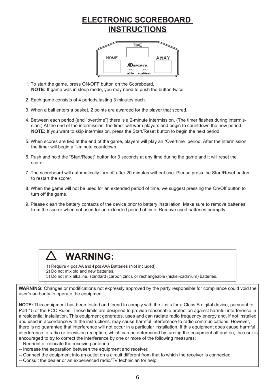 Warning, Electronic scoreboard instructions | Medal Sports SH51500 User Manual | Page 7 / 13