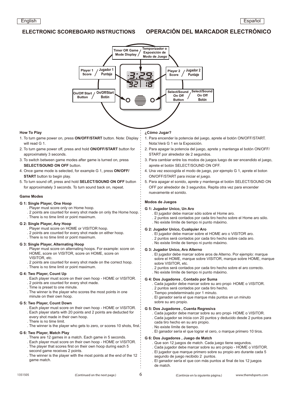 Operación del marcador electrónico, Electronic scoreboard instructions, Español english | Medal Sports SH1351505 User Manual | Page 7 / 8