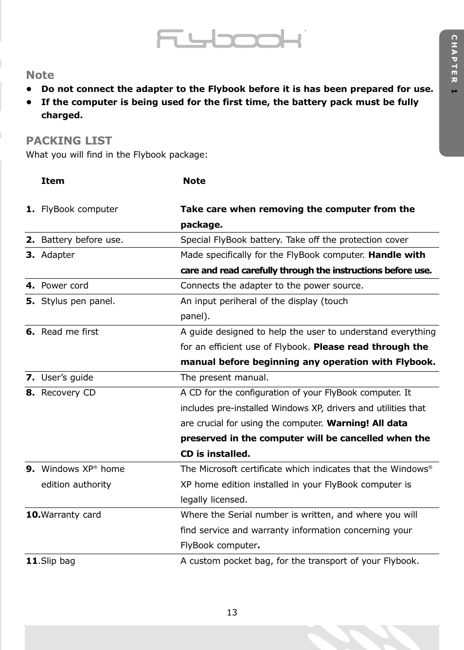 Packing list | Dialogue Tech Flybook 3G Notebook PC User Manual | Page 13 / 84