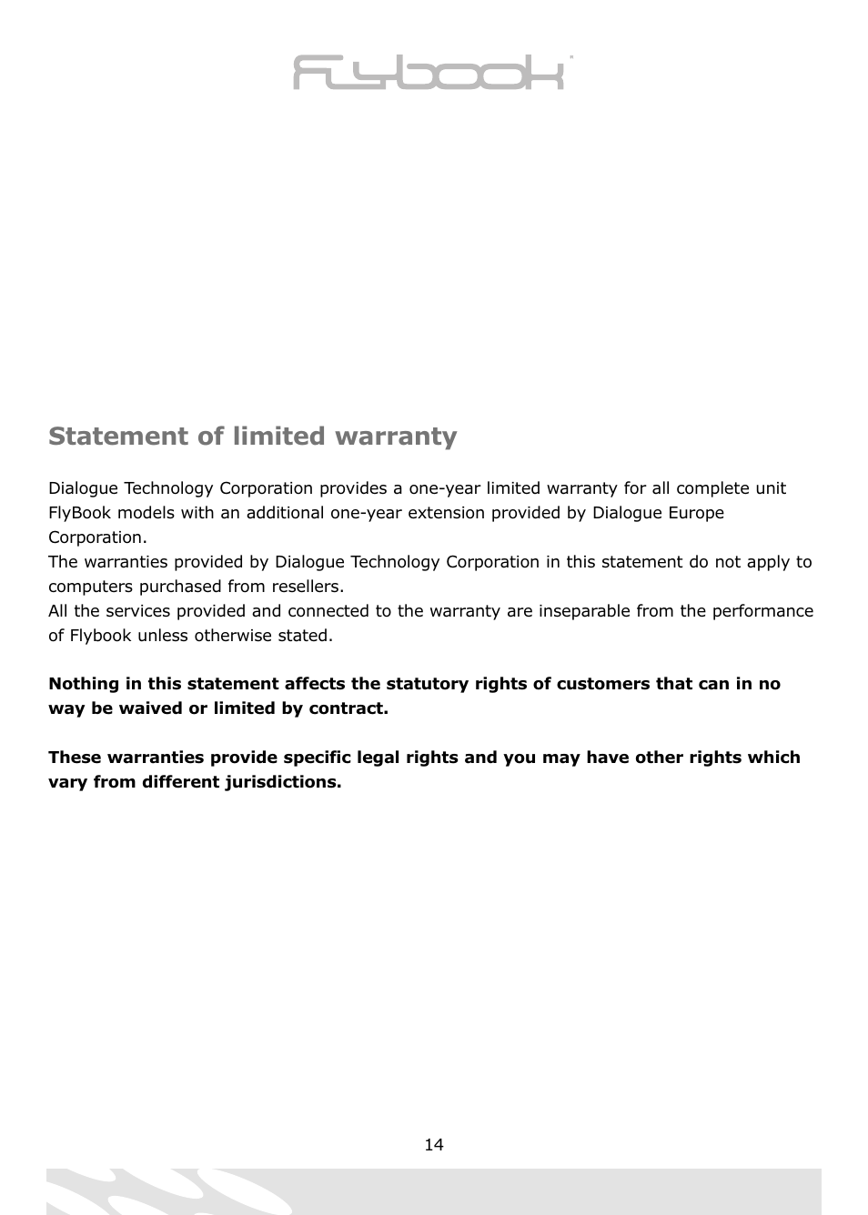 Statement of limited warranty | Dialogue Tech Flybook 3G Notebook PC User Manual | Page 14 / 84