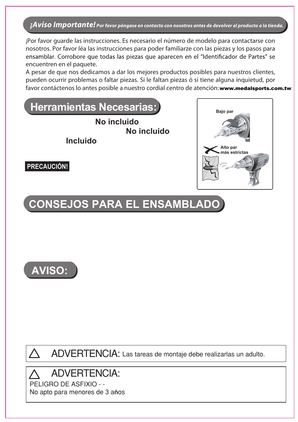 Herramientas necesarias, Consejos para el ensamblado, Aviso | Medal Sports SH58101 User Manual | Page 13 / 21