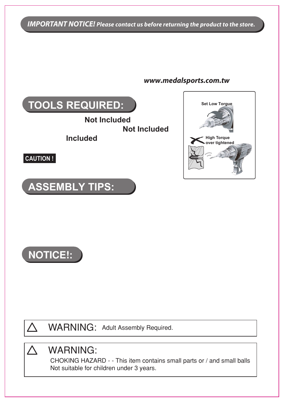 Tools required: assembly tips | Medal Sports SH58101 User Manual | Page 3 / 21