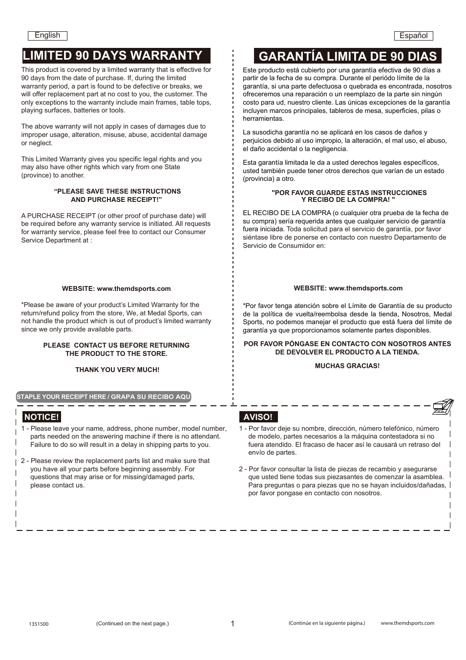 Aviso! notice | Medal Sports AM1351500 User Manual | Page 2 / 7