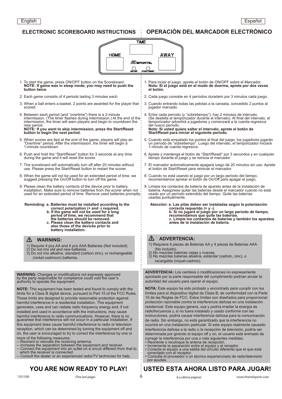 Operación del marcador electrónico, Electronic scoreboard instructions, Español english | Warning, Advertencia | Medal Sports AM1351500 User Manual | Page 7 / 7