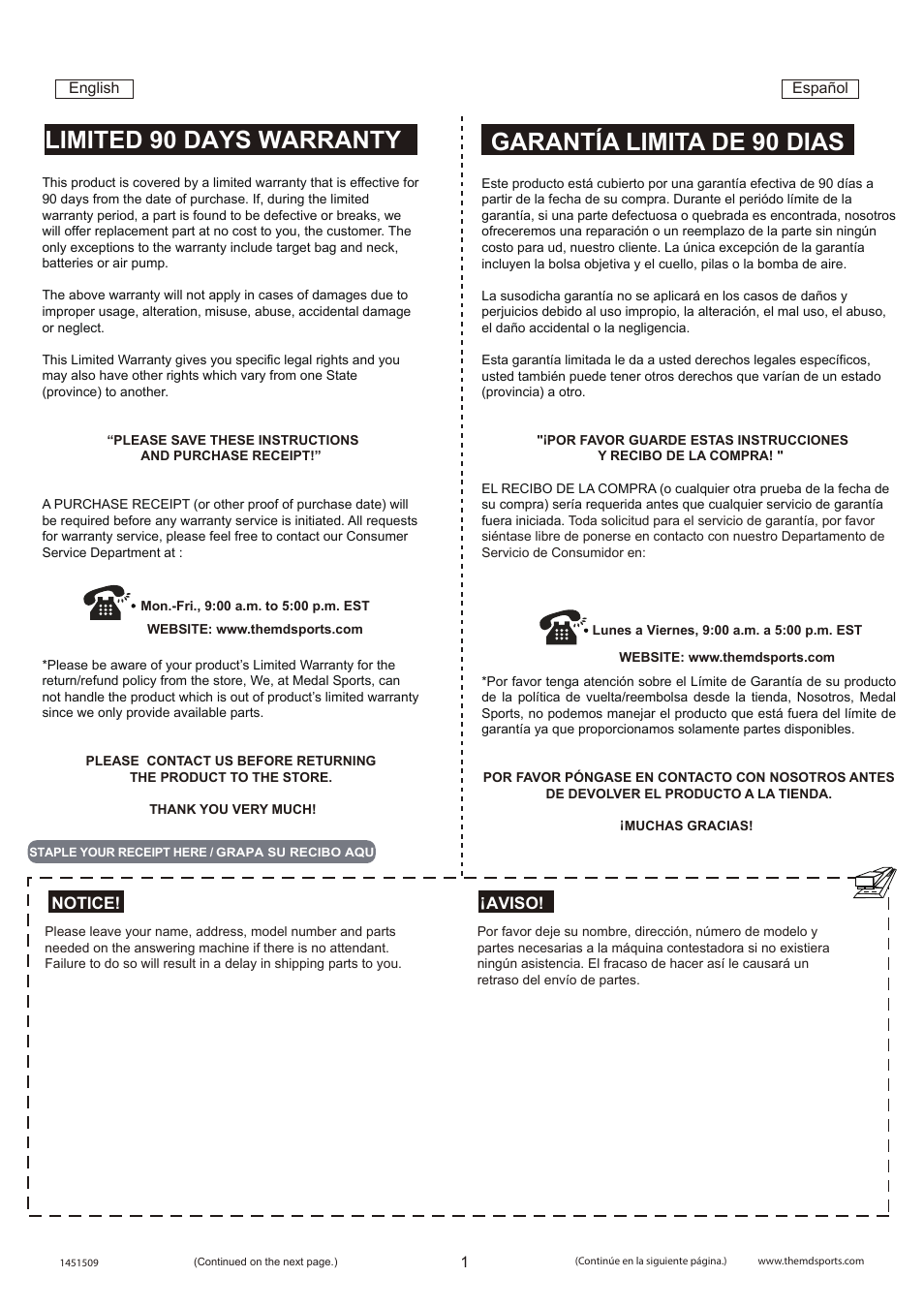 Aviso! notice | Medal Sports SMUS1451509 User Manual | Page 2 / 10