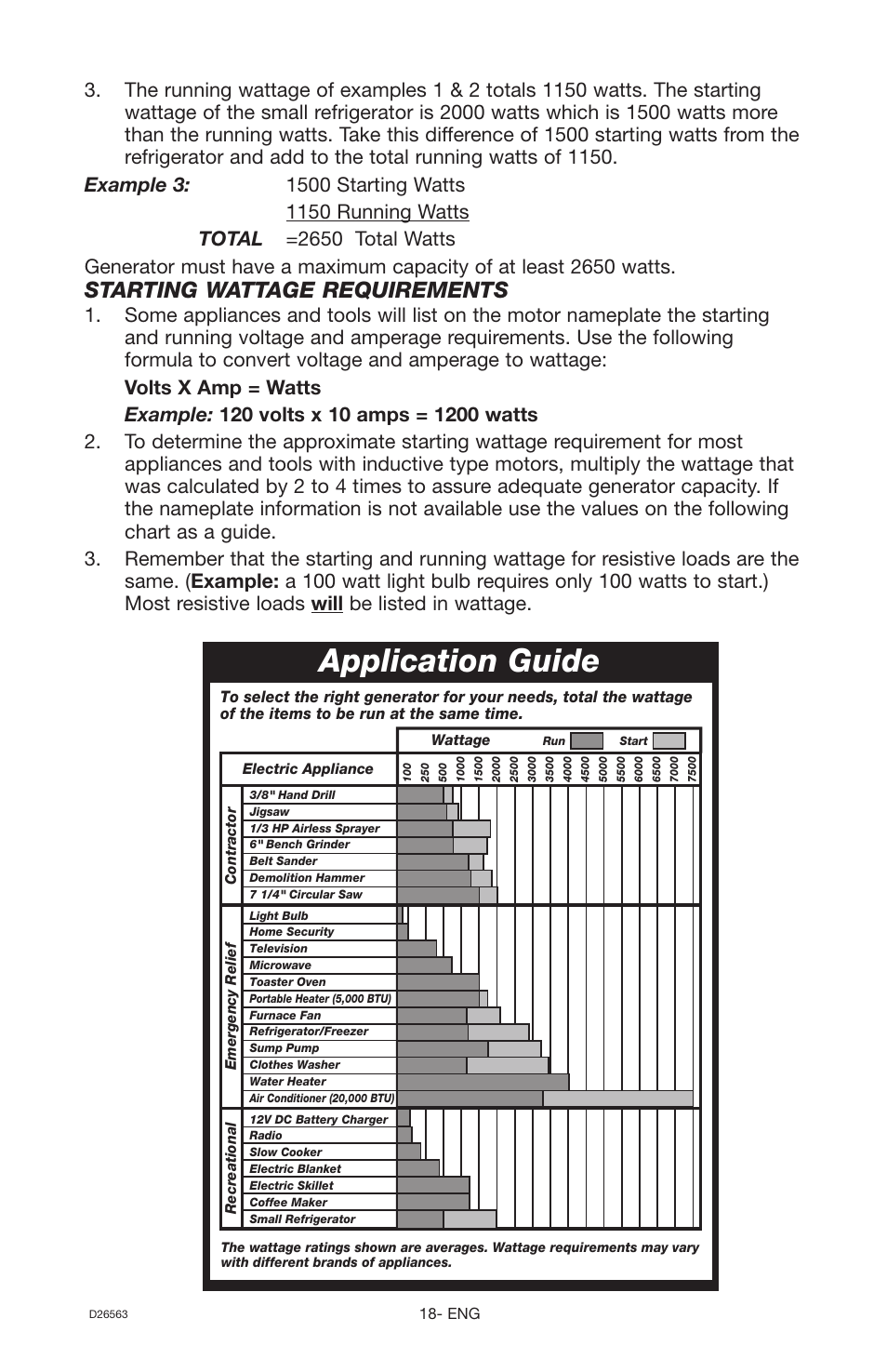 Application guide, Starting wattage requirements | DeVillbiss Air Power Company D26563 User Manual | Page 18 / 22