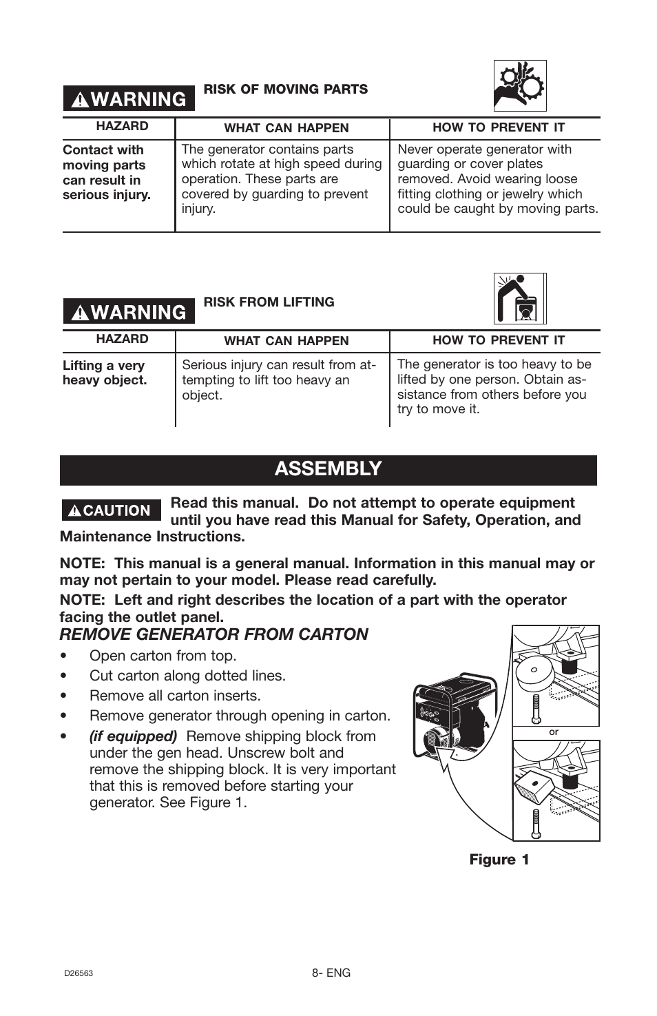 Assembly, Remove generator from carton | DeVillbiss Air Power Company D26563 User Manual | Page 8 / 22