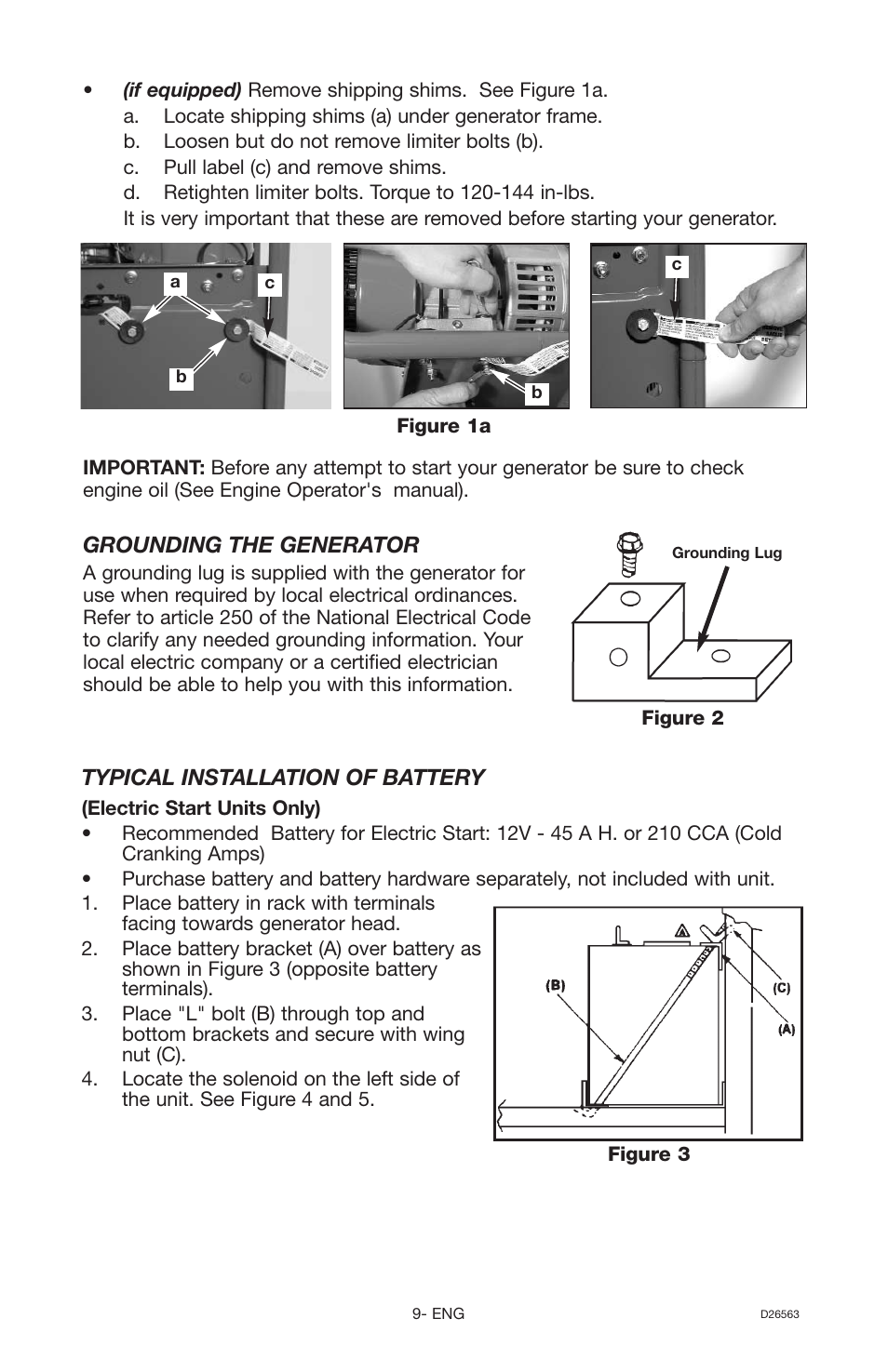 Grounding the generator, Typical installation of battery | DeVillbiss Air Power Company D26563 User Manual | Page 9 / 22