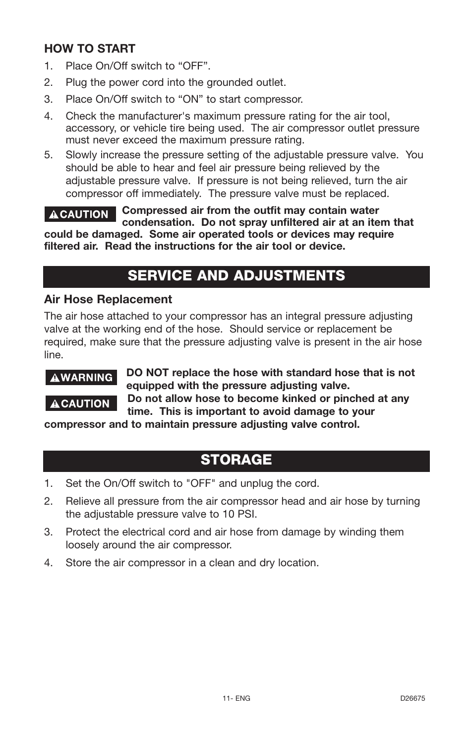 Service and adjustments, Storage | DeVillbiss Air Power Company D26675 User Manual | Page 11 / 14