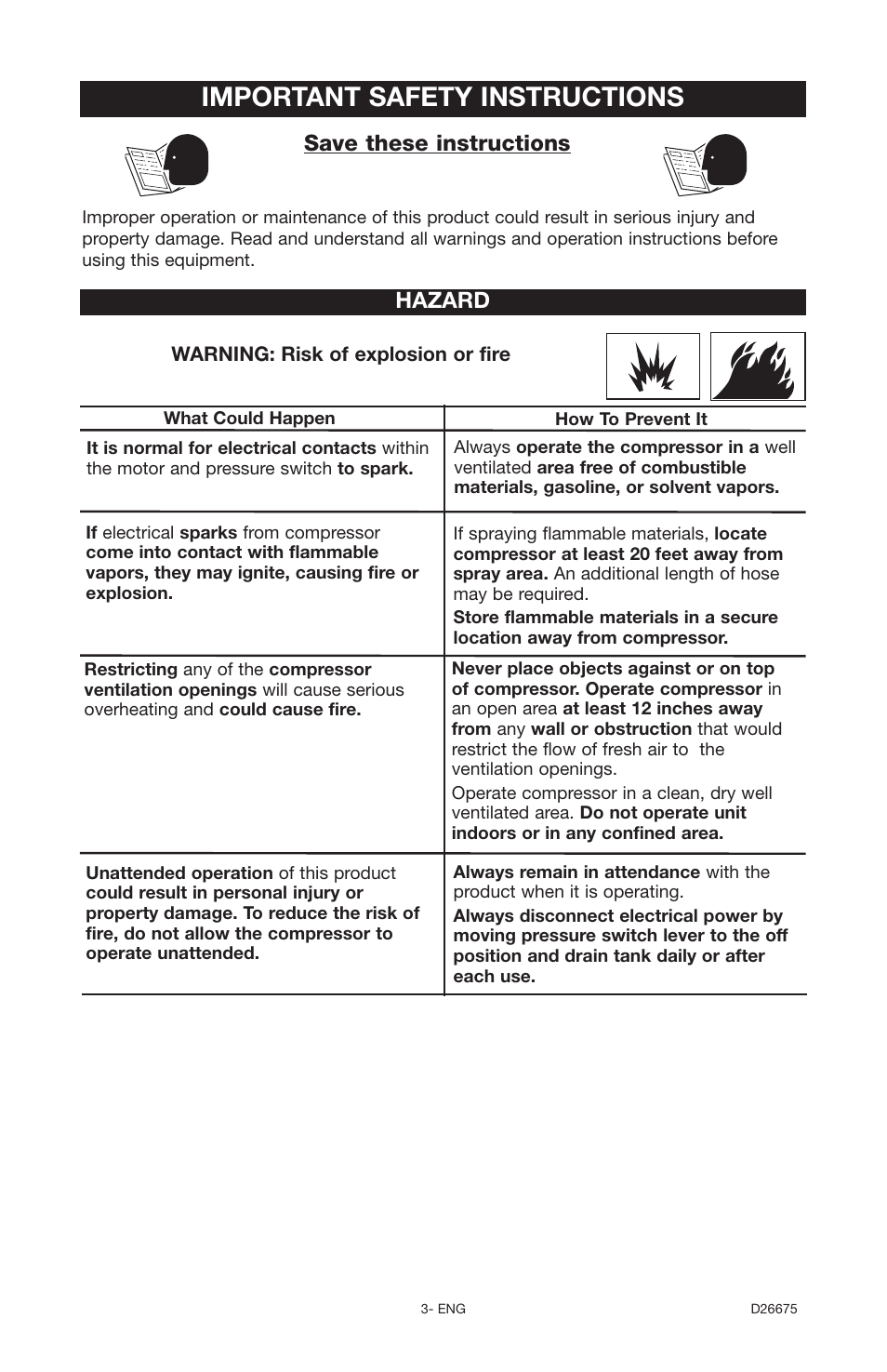 Important safety instructions, Save these instructions, Hazard | DeVillbiss Air Power Company D26675 User Manual | Page 3 / 14