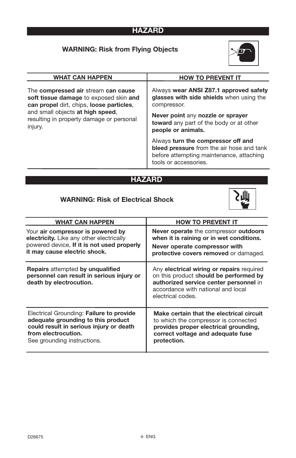 Hazard | DeVillbiss Air Power Company D26675 User Manual | Page 4 / 14