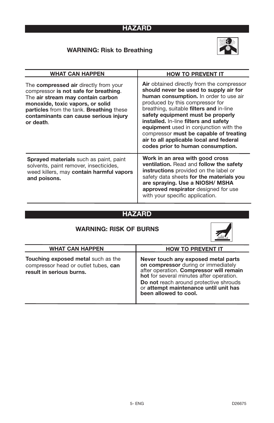 Hazard | DeVillbiss Air Power Company D26675 User Manual | Page 5 / 14